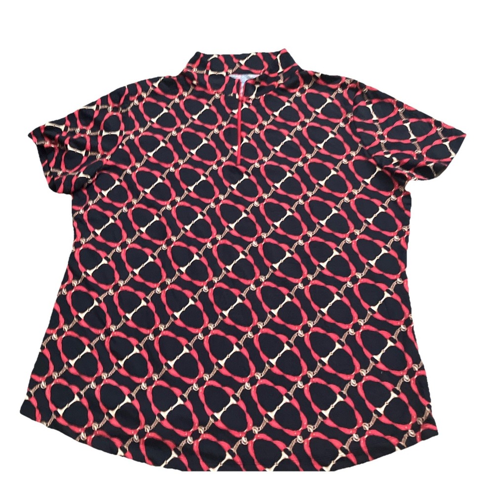 IBKUL Shirt Womens XXL Red Black 1/4 Zip Mock Neck Short Sleeve Golf Top Printed